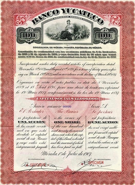 Bono histórico del Banco Yucateco de 1907, ejemplo de un certificado de deuda o instrumento de bono