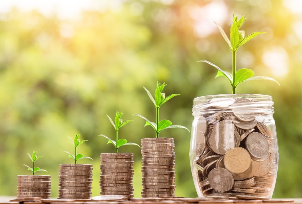 Monedas apiladas en orden creciente junto a una plántula, en referencia al crecimiento del ahorro y la inversión diversificada